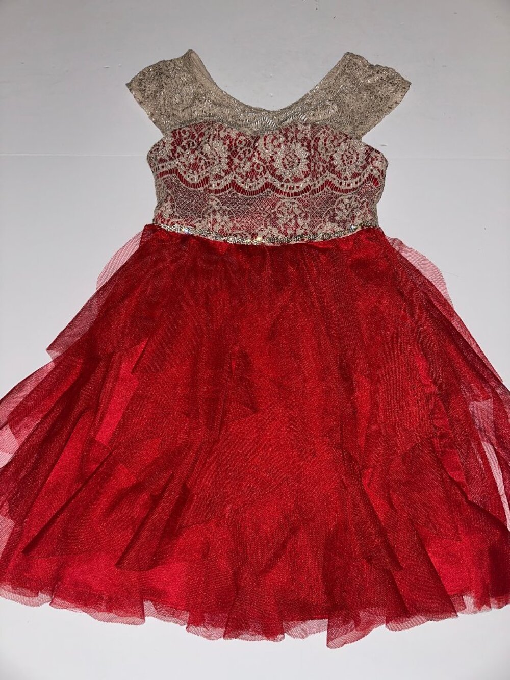 TWEEN DIVA Young Girls' size 7 Red Dress Tulle fluffy skirt GOLD LACE